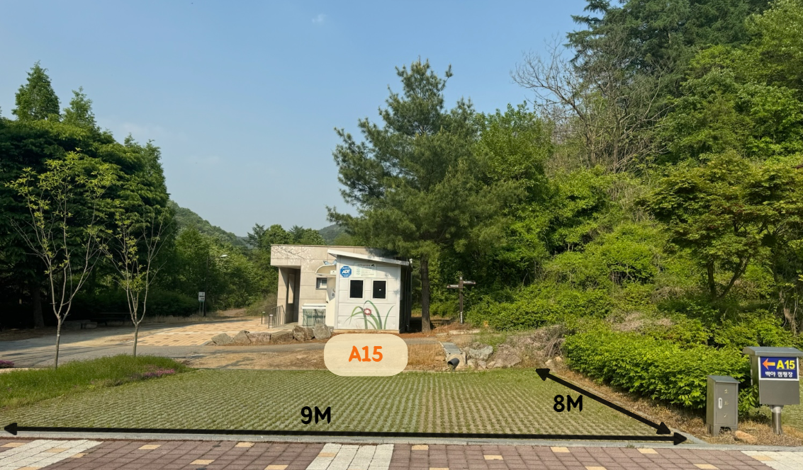 A15 영지와 뒤편 작은 건물, 8M·9M 치수 표기