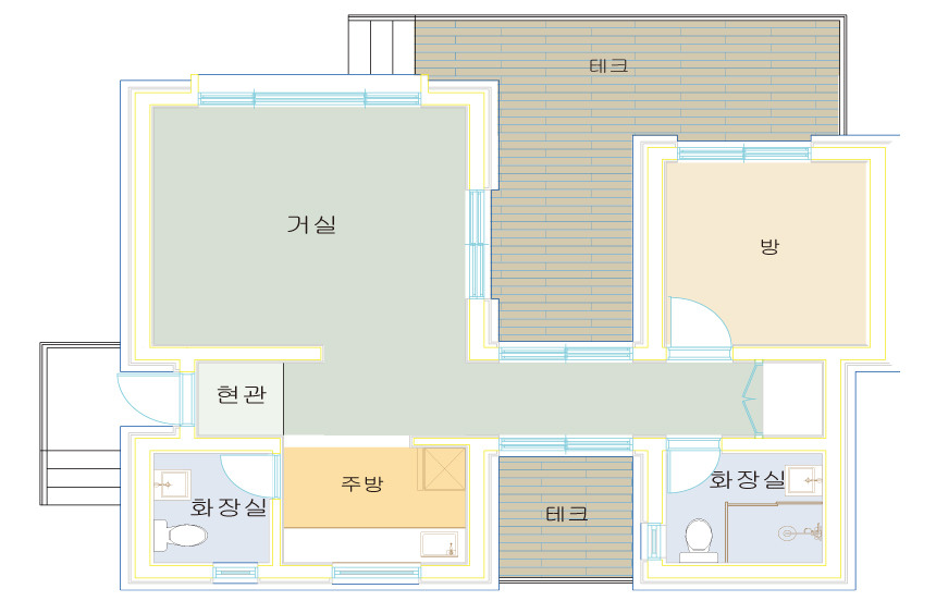 복숭아 1호 평면도는 방 1개와 화장실 2개를 거실 주변에 배치합니다.