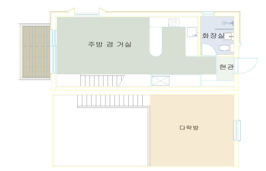 미나리 1호 평면도는 주방 겸 거실과 위층 다락방을 구분합니다.