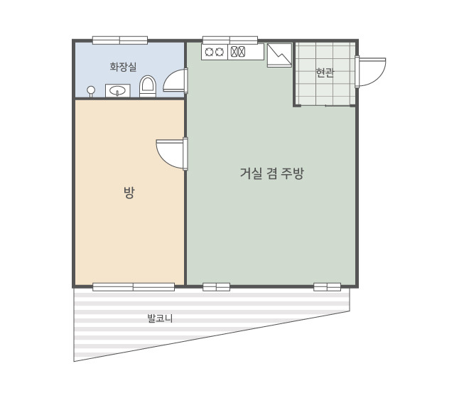 방 한 개와 거실 겸 주방, 화장실이 표시된 휴양관 11호 평면도