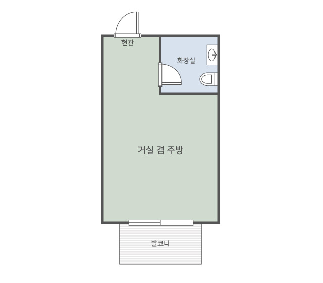 거실 겸 주방과 화장실, 발코니가 표시된 휴양관 01호 평면도