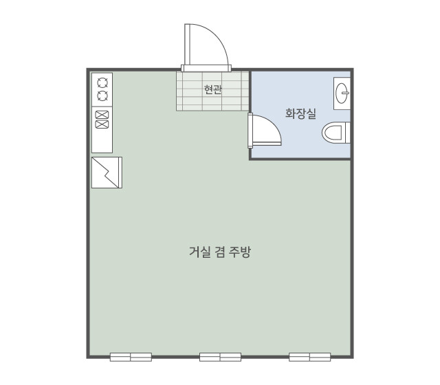 거실 겸 주방과 화장실이 표시된 휴양관 10호 평면도