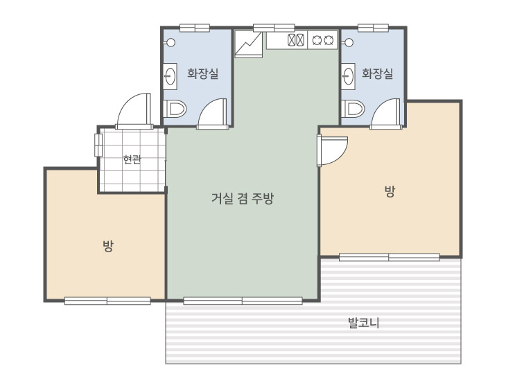 방 두 개와 화장실 두 개, 거실 겸 주방이 표시된 숲속의집 1동 평면도