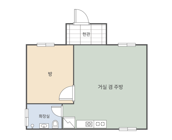 방과 거실 겸 주방, 화장실과 현관이 표시된 시나래마을 1동 평면도