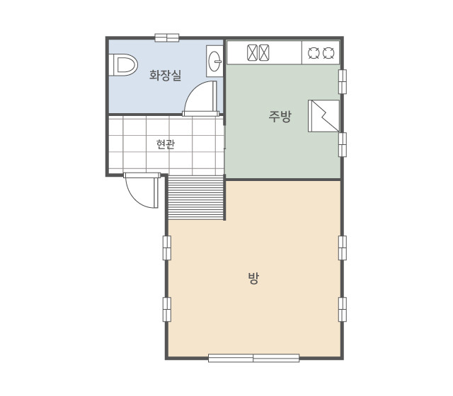 방과 주방, 화장실이 나뉜 숲속의작은집 1동 평면도
