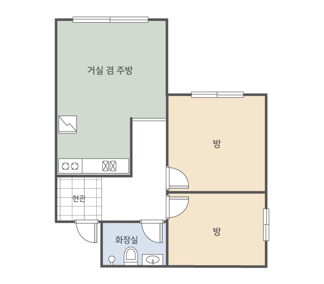 방 두 개와 거실 겸 주방, 화장실 한 개가 표시된 알프스빌리지 1동 평면도