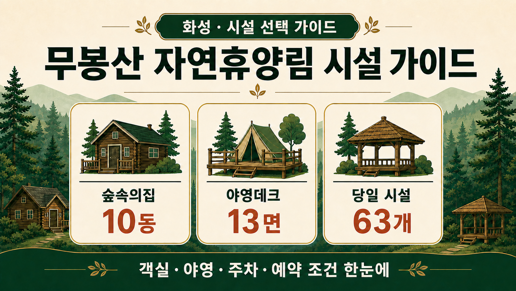 무봉산 자연휴양림의 숲속의집 10동, 야영데크 13면, 당일 시설 63개를 세 구역으로 비교한 안내 이미지