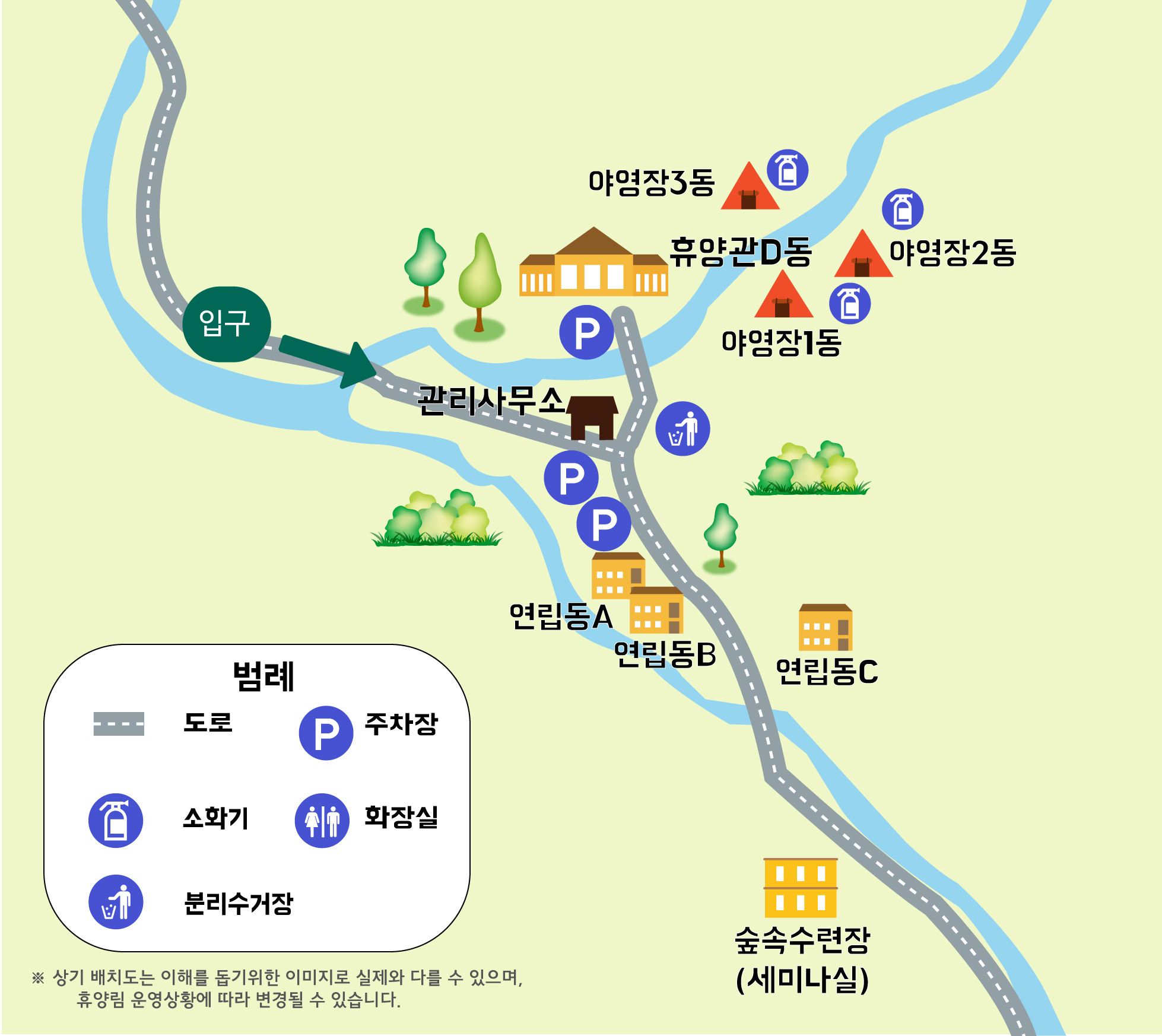 휴양림 전체 배치도: 관리사무소·주차장과 A·B·C·D 구역.