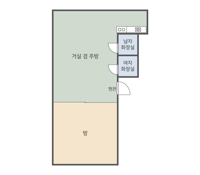 두루미의 방, 거실 겸 주방, 남녀 화장실 평면도