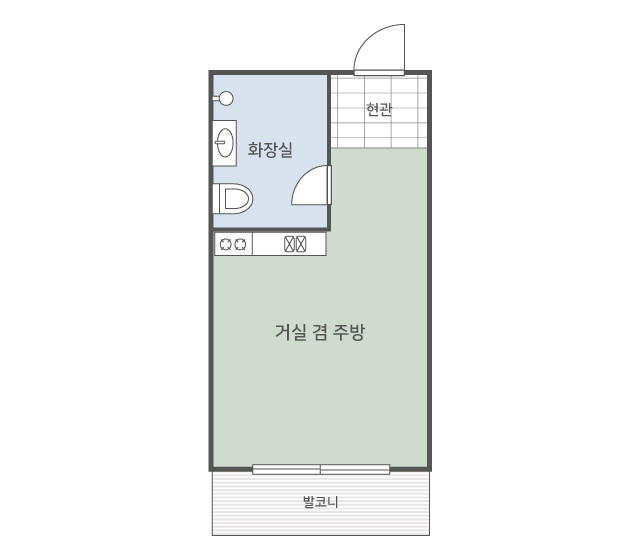 꽃사슴의 거실 겸 주방, 화장실, 현관과 발코니 평면도