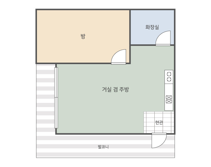 꽃창포의 방 1개, 거실 겸 주방, 화장실과 발코니 평면도