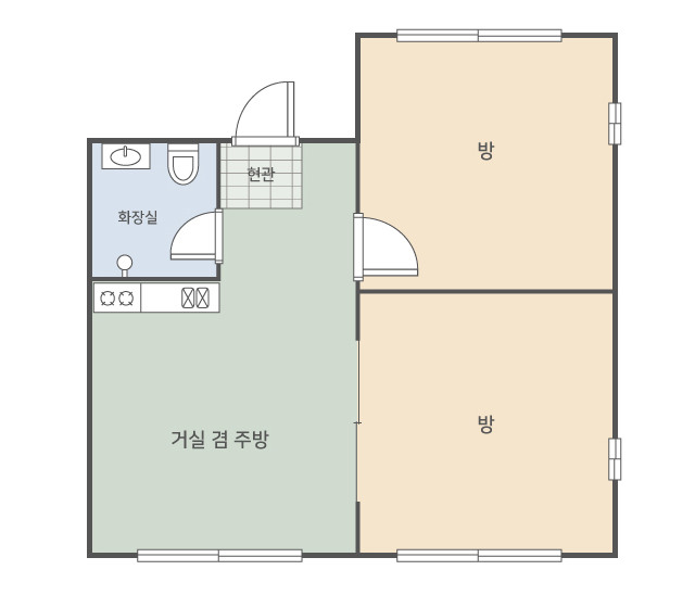 개나리 상품 평면도에는 방 2개와 거실 겸 주방, 화장실이 표시되어 있습니다.