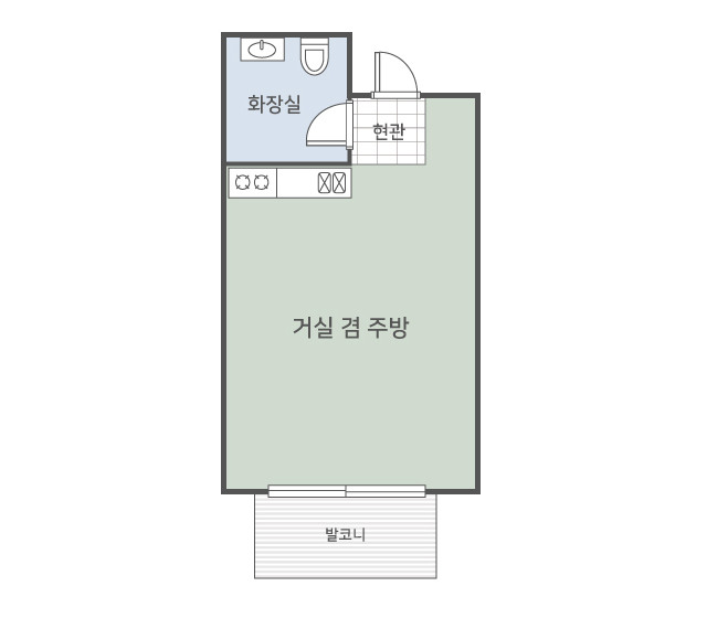 능금1 평면도는 원룸과 현관·화장실·발코니의 연결을 보여줍니다.