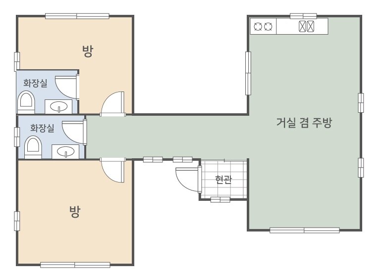 금강초롱 평면도에는 방 2개와 화장실 2개가 표시되어 있습니다.