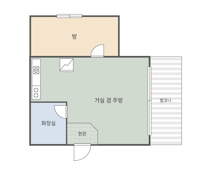 백합1 평면도에는 별도 방과 거실 겸 주방, 화장실이 표시되어 있습니다.
