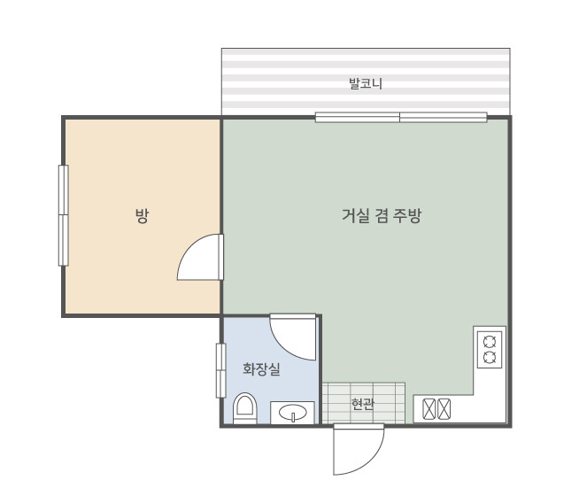 자작나무 101호 평면도에 표시된 방·거실 겸 주방·화장실