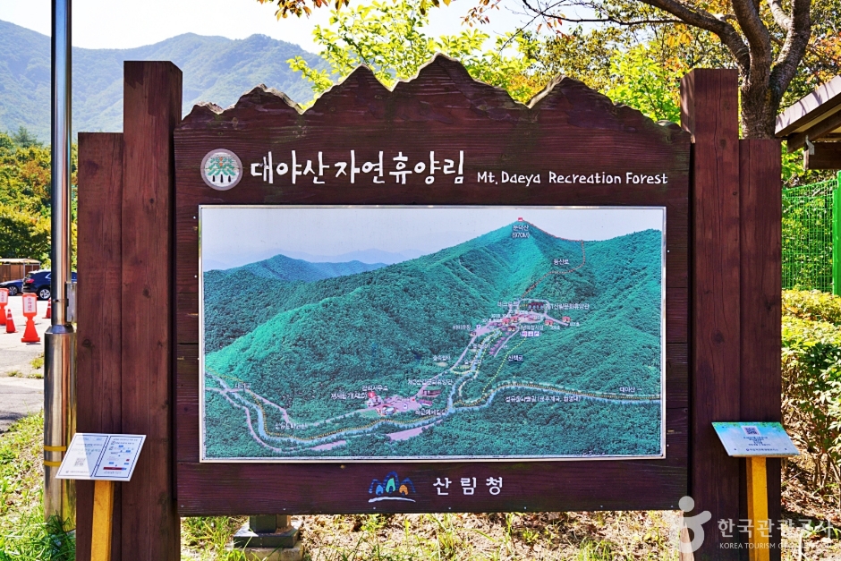 대야산자연휴양림 이름과 산림청 표기, 산비탈 시설 배치 그림이 함께 있는 목재 안내판
