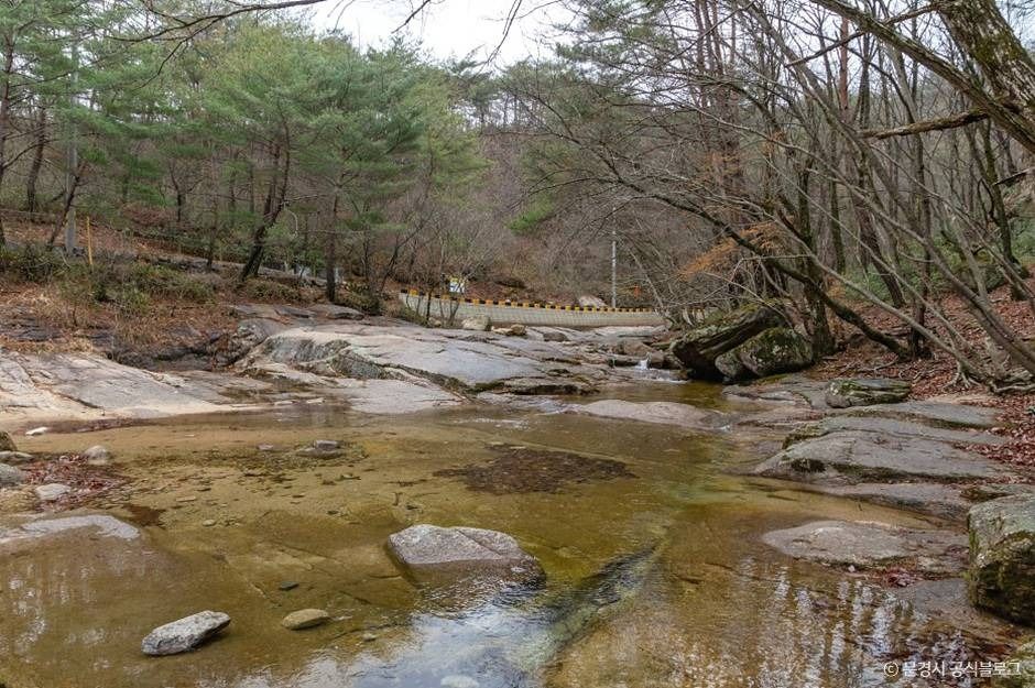 숲과 암반 사이로 물길이 넓게 이어지고 뒤편에 계곡 도로가 보이는 모습