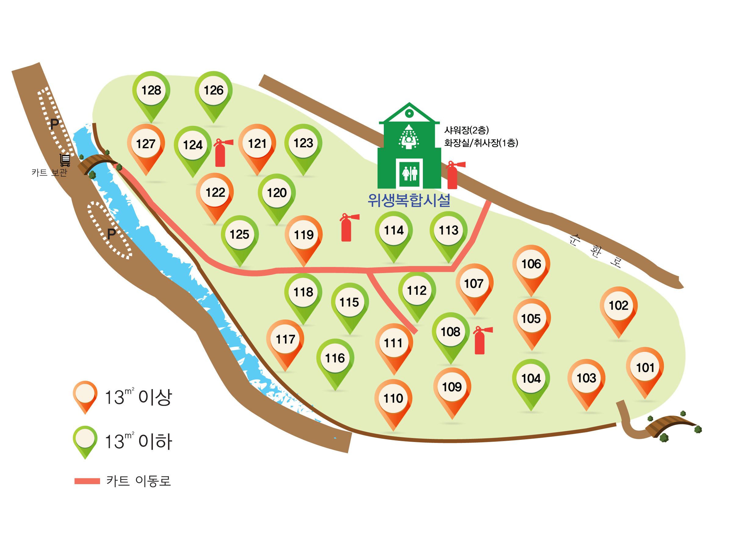 국립덕유산자연휴양림 제1야영장의 101번부터 128번 데크와 취사장·화장실·샤워장, 주차 동선을 표시한 배치도
