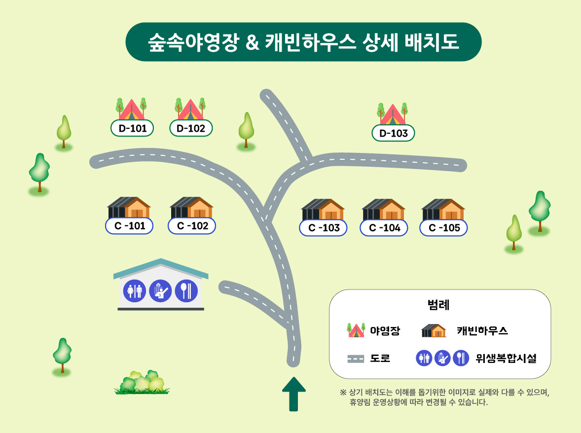 국립회문산자연휴양림 야영데크 D-101·D-102·D-103, 캐빈 C-101부터 C-105와 위생복합시설의 상대 위치를 표시한 상세 배치도