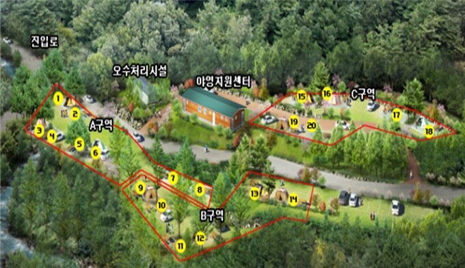 장태산자연휴양림 야영장 입구와 A·B·C 구역을 표시한 항공 개요 이미지