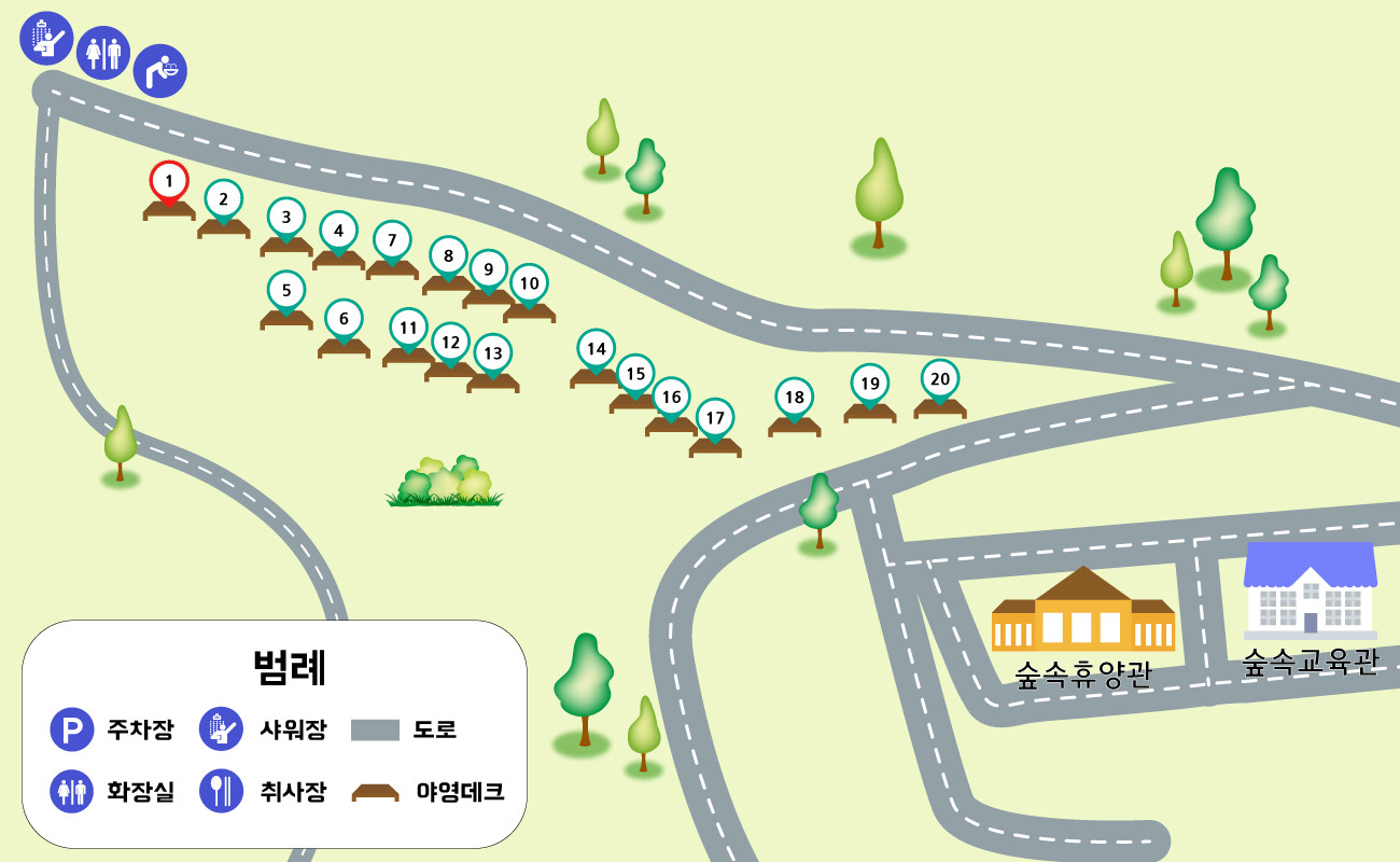 물소리숲 데크 번호가 도로를 따라 나열되고 주변 주차장·화장실 기호가 표시됩니다.