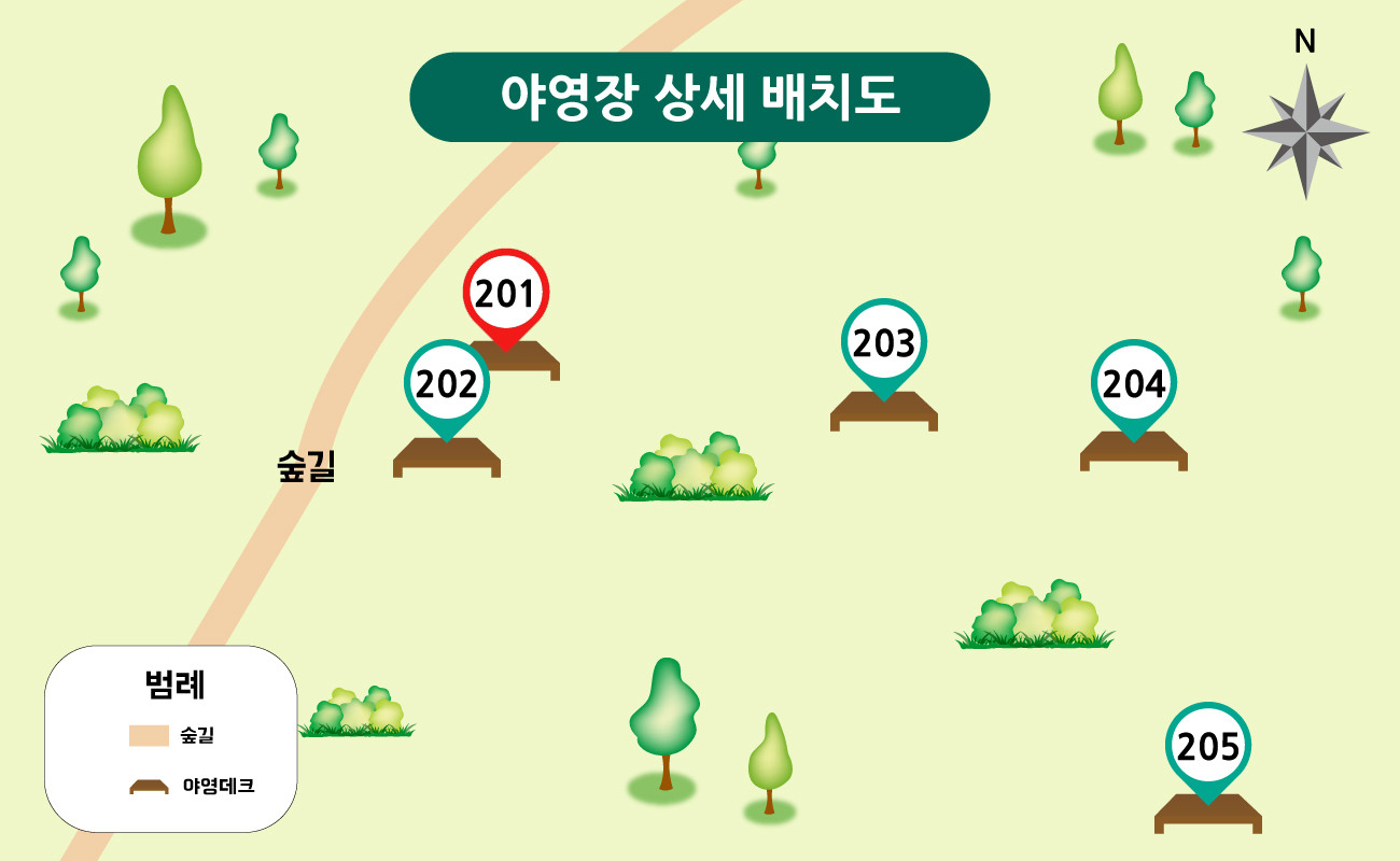 상단 데크 201부터 205와 등산로가 표시된 배치도