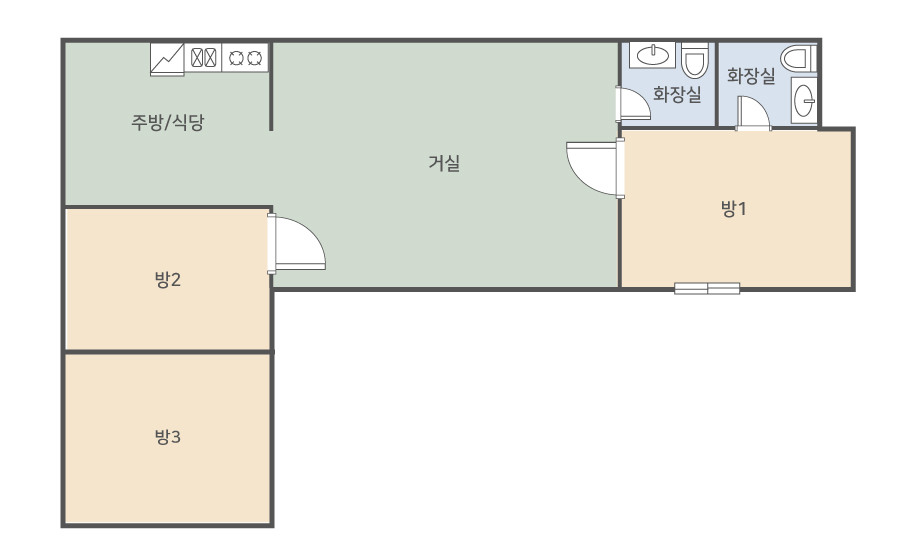 한옥체험관 평면도. 방 3개와 거실·주방, 화장실 2개가 표시돼 있습니다.