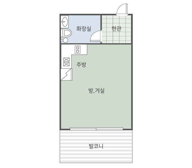 203호 평면도. 방·거실과 주방, 화장실, 발코니가 표시돼 있습니다.