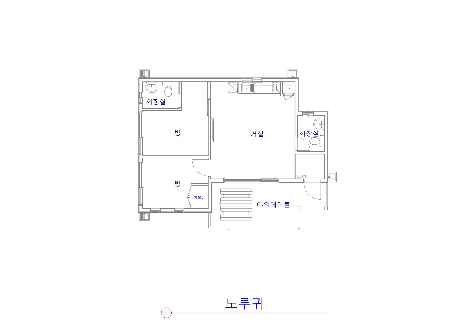 노루귀 객실의 방 2개·거실·화장실 2개 평면도