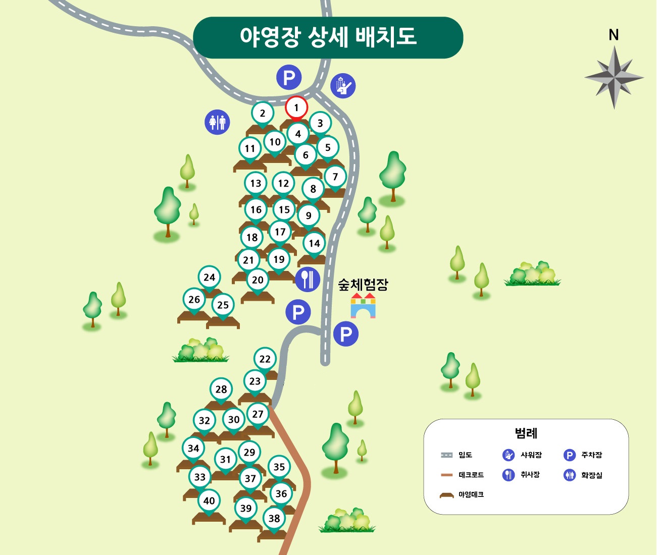 야영장 상세 배치도. 1–40번 데크, 주차장, 화장실·샤워장·취사장의 상대 위치를 확인합니다.