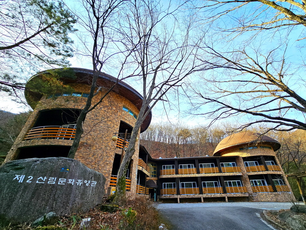 제2산림문화휴양관의 외관과 층별 난간